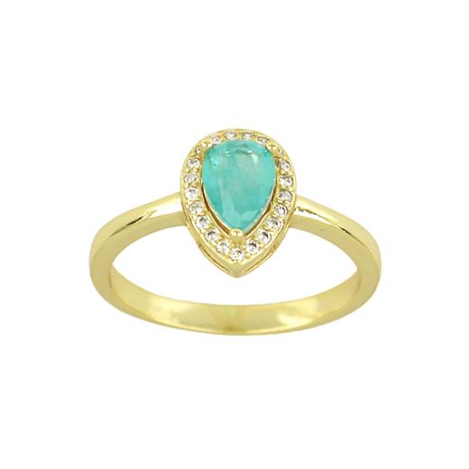 Gold-plated silver ring with tourmaline stone with teardrop design and white zircons