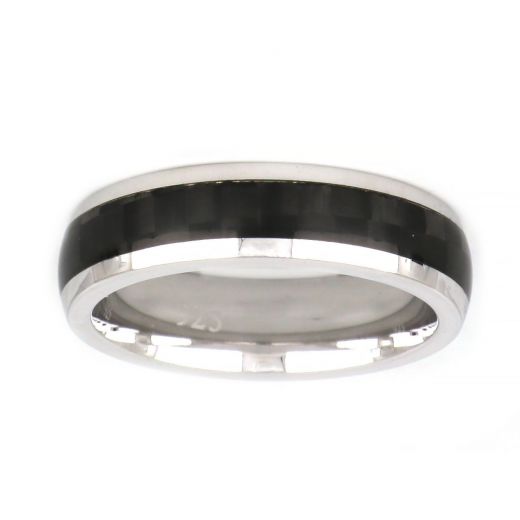 925 Sterling Silver rhodium plated men's ring with carbon fiber