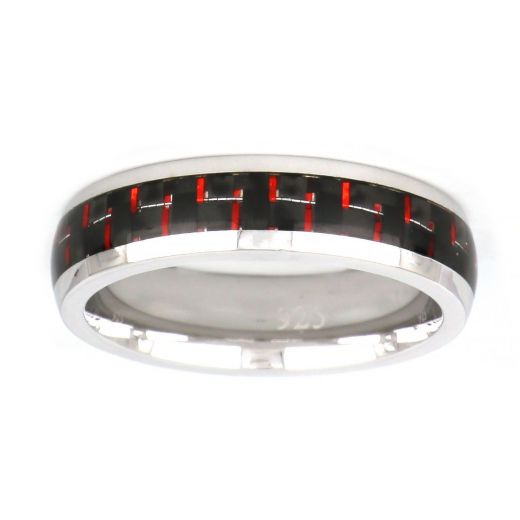 925 Sterling Silver rhodium plated with red/black carbon fiber