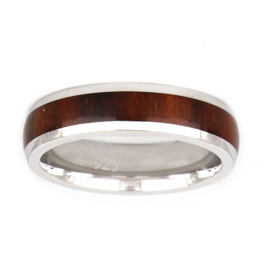 925 Sterling Silver rhodium plated men's ring with wood in the center