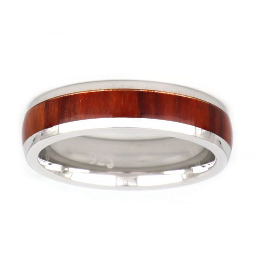 925 Sterling Silver rhodium plated men's ring with wood