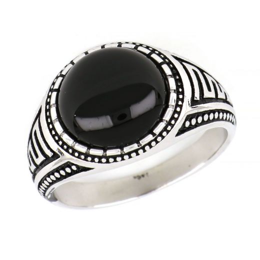 Ανδρικό δαχτυλίδι από ασήμι επιροδιωμένο με μαύρη πέτρα