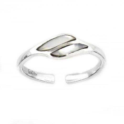 925 Sterling Silver mother of pearl toe ring with double lines