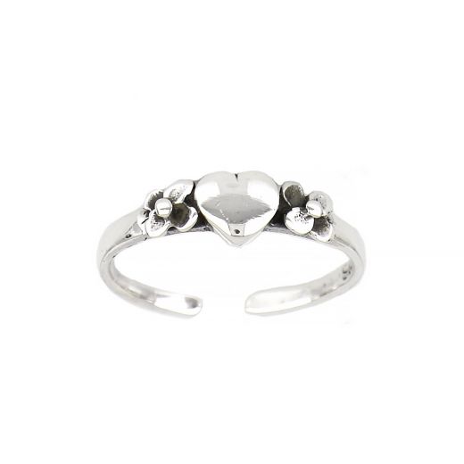 925 Sterling Silver toe ring with flowers and a heart in the center