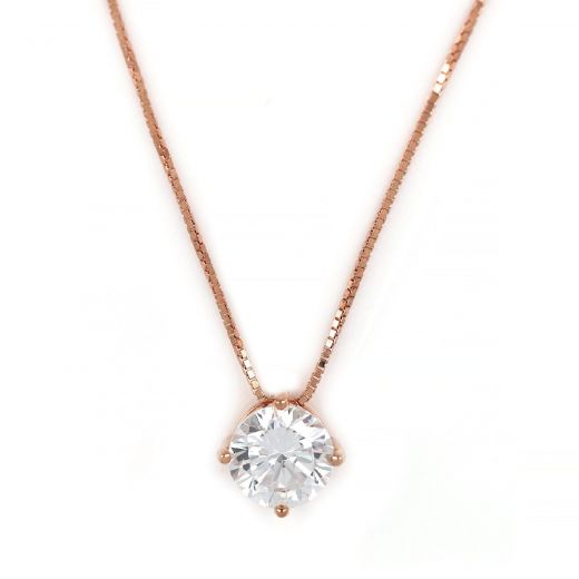 925 Sterling Silver rose gold plated necklace with white 7mm cubic zirconia