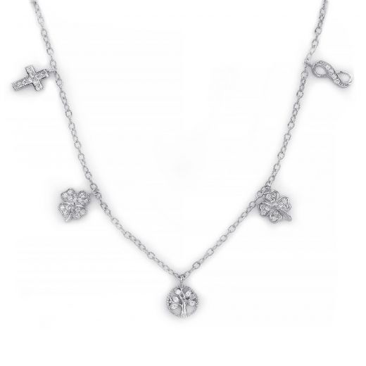 925 Sterling Silver rhodium plated necklace with white cubic zirconia and charms