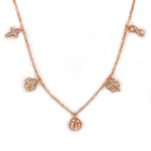 925 Sterling Silver rose gold plated necklace with white cubic zirconia and charms