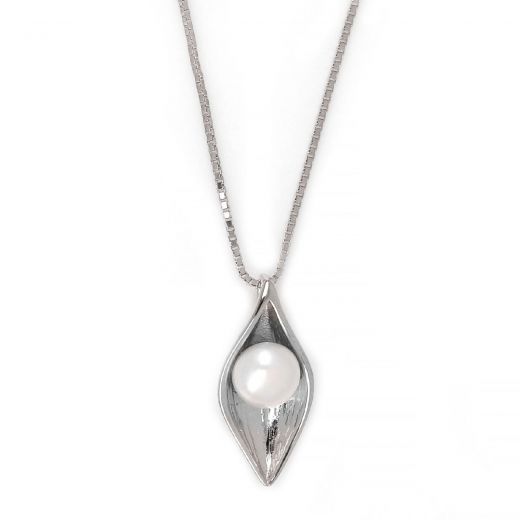 925 Sterling Silver rhodium plated necklace with fresh water pearl in the center 16x8mm