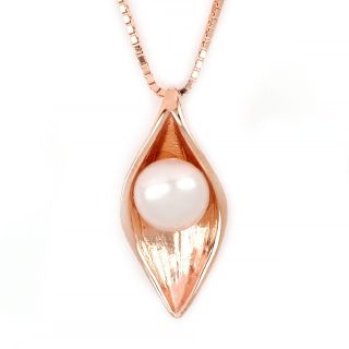 925 Sterling Silver rose gold plated necklace with white fresh water pearl in the center 16x8mm - 