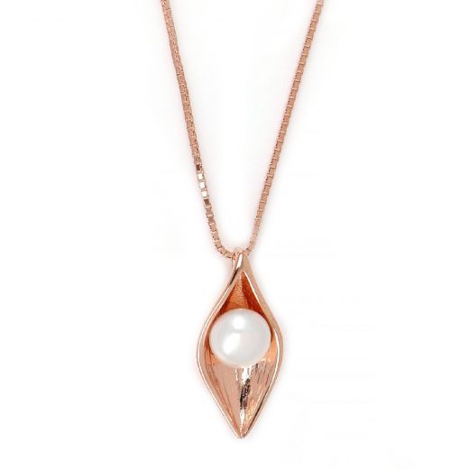 925 Sterling Silver rose gold plated necklace with white fresh water pearl in the center 16x8mm