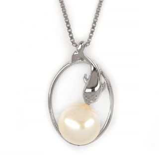 925 Sterling Silver rhodium plated necklace with fresh water pearl in the center - 