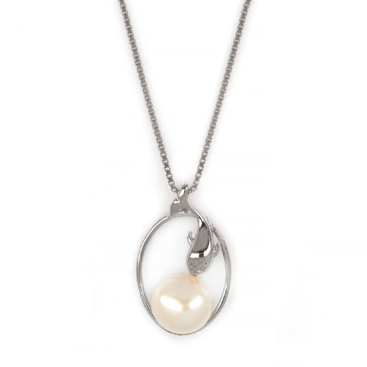 925 Sterling Silver rhodium plated necklace with fresh water pearl in the center