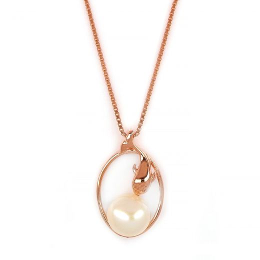 925 Sterling Silver rose gold plated necklace with white fresh water pearl in the center