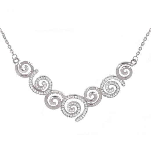 925 Sterling Silver rhodium plated necklace with white cubic zirconia and spiral design