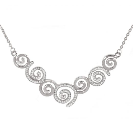 925 Sterling Silver rhodium plated necklace with white cubic zirconia and spiral design