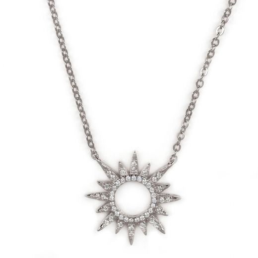 925 Sterling Silver rhodium plated necklace with white cubic zirconia and sun design