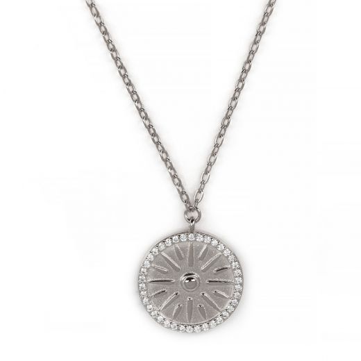 925 Sterling Silver rhodium plated necklace with white cubic zirconia and Vergina sun design