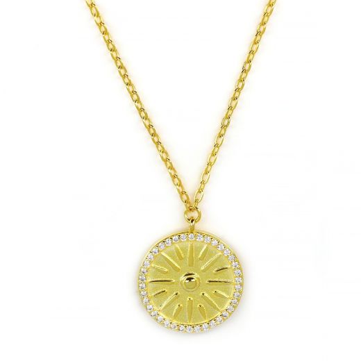 925 Sterling Silver gold plated necklace with white cubic zirconia and Vergina sun design