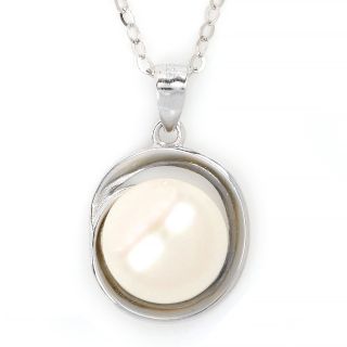 925 Sterling Silver rhodium plated necklace with a white fresh water pearl in the center 23x14 mm - 