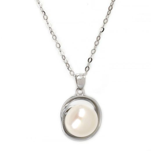 925 Sterling Silver rhodium plated necklace with a white fresh water pearl in the center 23x14 mm