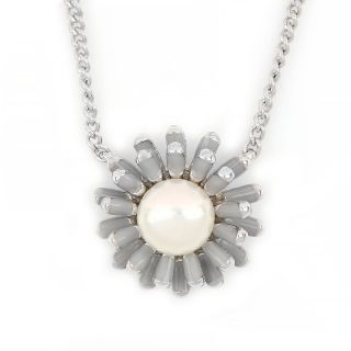 925 Sterling Silver rhodium plated necklace with a white fresh water pearl in the center and grey enamel rays - 