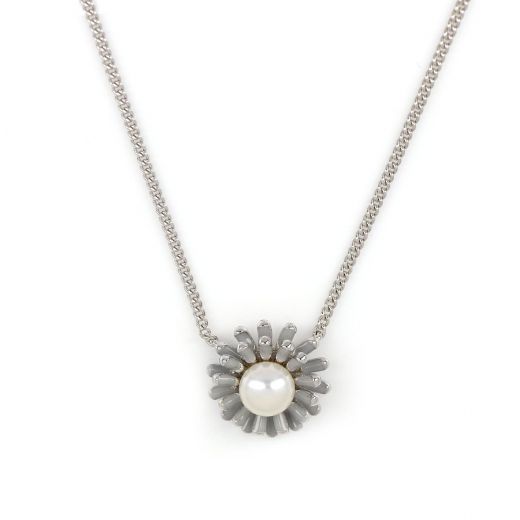 925 Sterling Silver rhodium plated necklace with a white fresh water pearl in the center and grey enamel rays