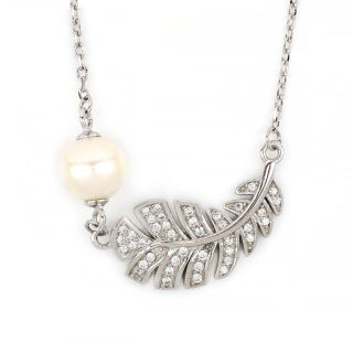 925 Sterling Silver rhodium plated necklace with a fresh water pearl and white cubic zirconia - 