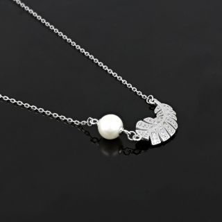 925 Sterling Silver rhodium plated necklace with a fresh water pearl and white cubic zirconia - 