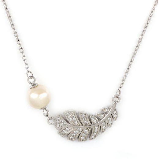 925 Sterling Silver rhodium plated necklace with a fresh water pearl and white cubic zirconia