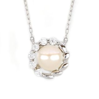925 Sterling Silver rhodium plated necklace with a white fresh water pearl in the center and white cubic zirconia - 