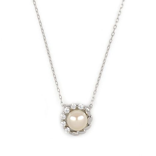 925 Sterling Silver rhodium plated necklace with a white fresh water pearl in the center and white cubic zirconia