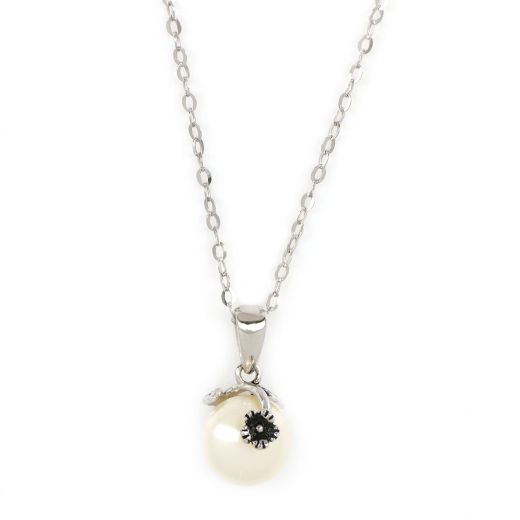 925 Sterling Silver rhodium plated necklace with a white fresh water pearl