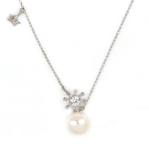 925 Sterling Silver rhodium plated necklace with a white fresh water pearl in the center and two charms