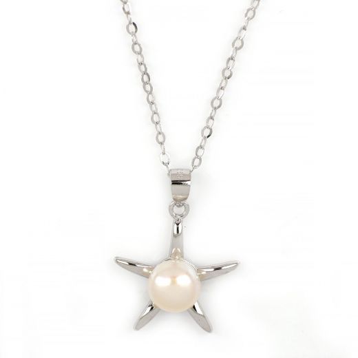 925 Sterling Silver rhodium plated necklace with a white fresh water pearl in the center