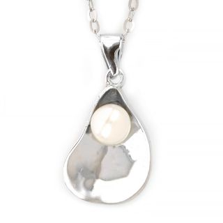 925 Sterling Silver rhodium plated necklace with a white fresh water pearl 23x12 mm - 
