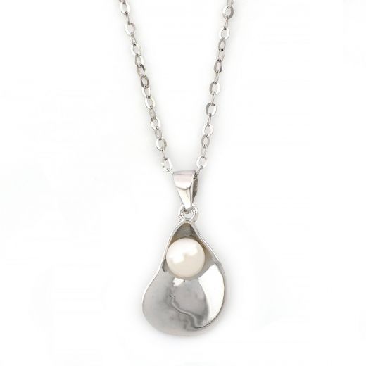 925 Sterling Silver rhodium plated necklace with a white fresh water pearl 23x12 mm