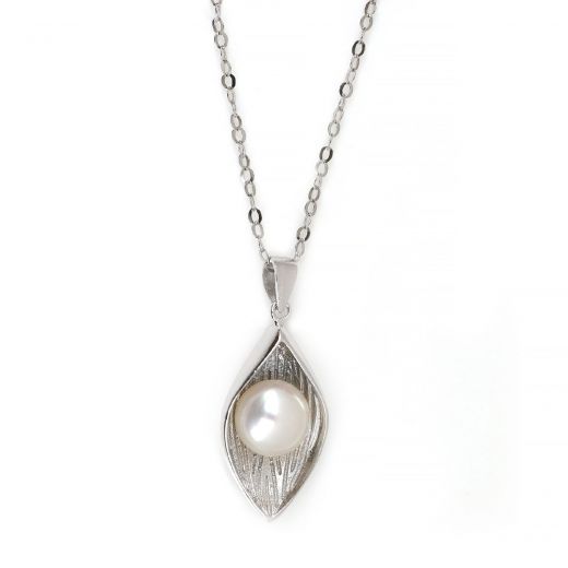 925 Sterling Silver rhodium plated necklace with a white fresh water pearl and embossed design