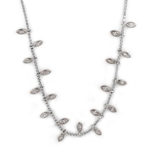 925 Sterling Silver rhodium plated necklace with white cubic zirconia and elegant leaves