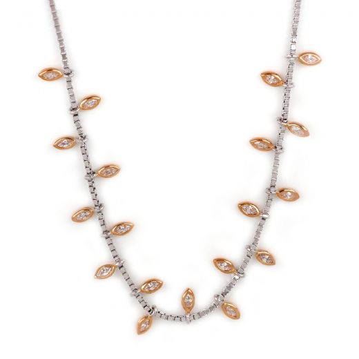 925 Sterling Silver rose gold plated necklace with white cubic zirconia and leaves