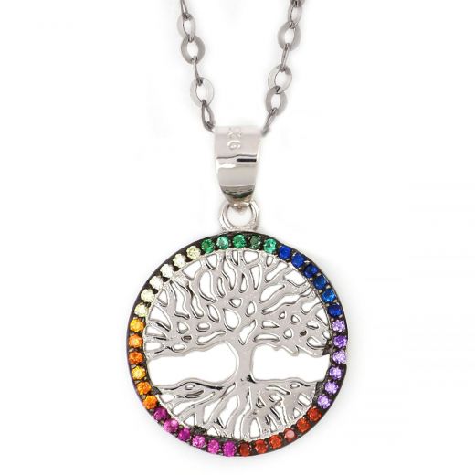 925 Sterling Silver rhodium plated necklace with tree of life design and multicolored cubic zirconia