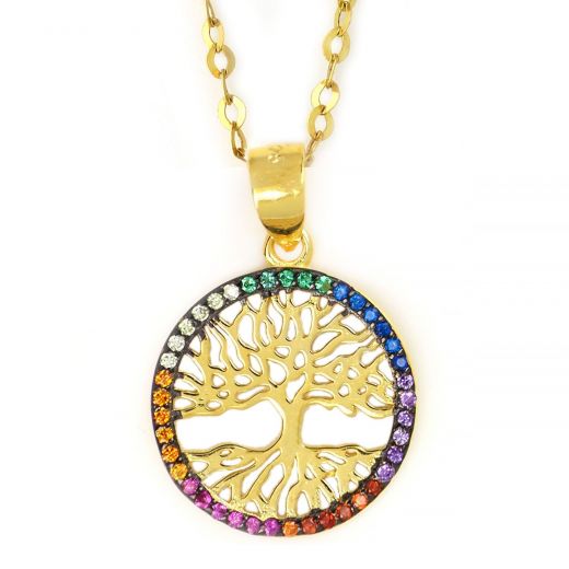 925 Sterling Silver gold plated necklace with tree of life design and multicolored cubic zirconia