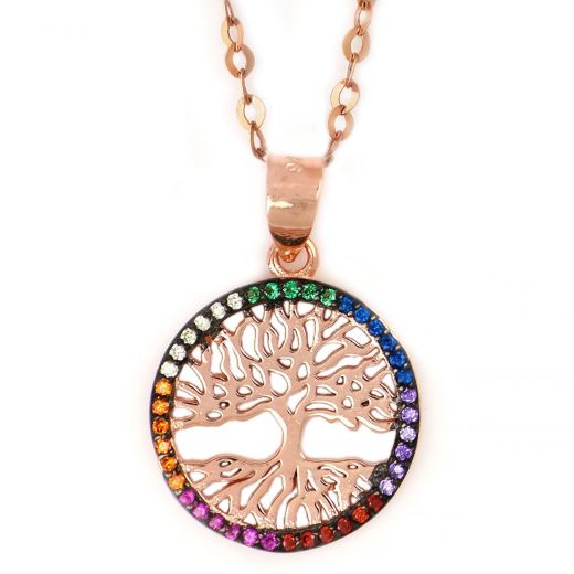 925 Sterling Silver rose gold plated necklace with tree of life design and multicolored cubic zirconia