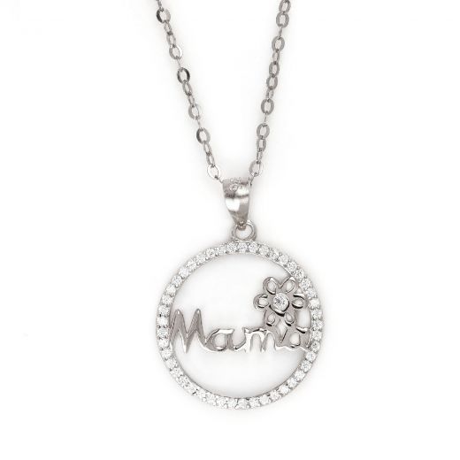 925 Sterling Silver rhodium plated necklace with white zircon "Mama"