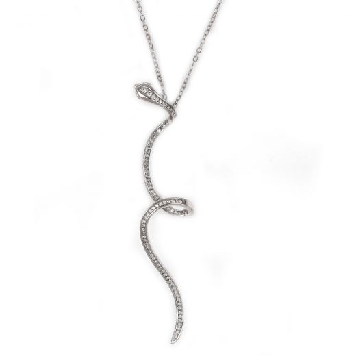 925 Sterling Silver rhodium plated necklace with white zircons "SNAKE"