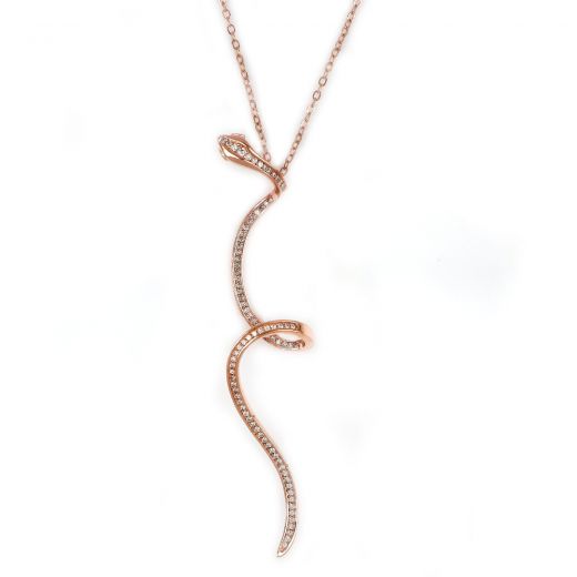 925 Sterling Silver rose gold plated necklace with white zircons "SNAKE"
