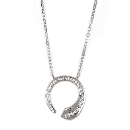925 Sterling Silver rhodium plated necklace with white zircons "SNAKE"