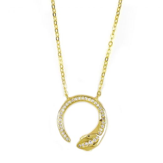 925 Sterling Silver gold plated necklace with white zircons "SNAKE"