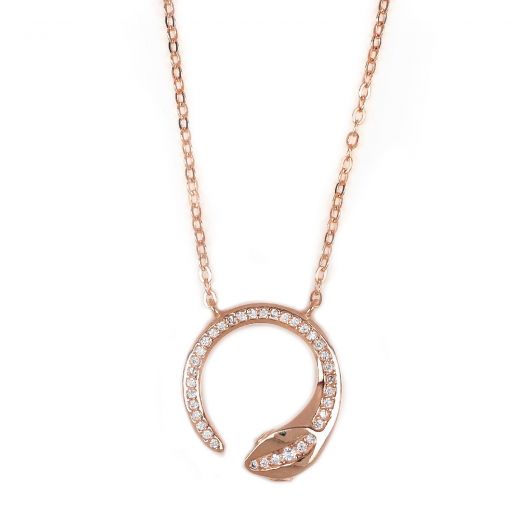 925 Sterling Silver rose gold plated necklace with white zircons "SNAKE"