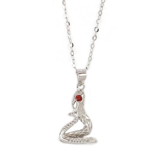 925 Sterling Silver rhodium plated necklace with red zircon "SNAKE"