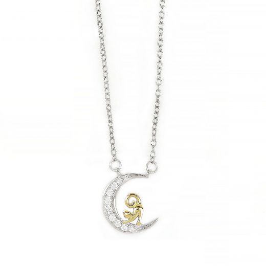 925 Sterling Silver two-tone necklace moon with zirconia and design with cat
